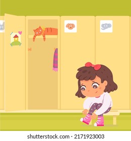 Cute little girl taking off or putting on winter boots vector illustration. Cartoon kid sitting on bench in school or kindergarten locker room, preschool confident child laces up pink shoes background