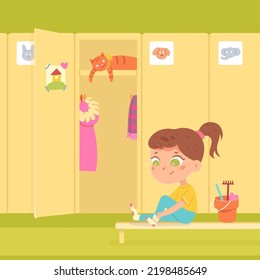Cute little girl taking off or putting on winter boots vector illustration. Cartoon kid sitting on bench in school or kindergarten locker room, preschool confident child laces up pink shoes background