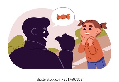 Cute little girl talking to stranger alone. Kid communicates with suspicious adult man outdoor. Child is in danger situation, kidnapping risk. Flat isolated vector illustration on white background