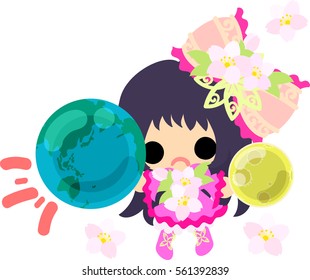 A cute little girl and a terrestrial globe and a ribbon of cherry blossom