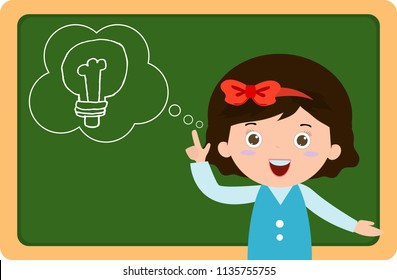 Cute little girl thinking idea and chalkboard,Cute kid imagine in classroom with space for your text, children girl education concept with chalkboard and bulb background template. vector illustration