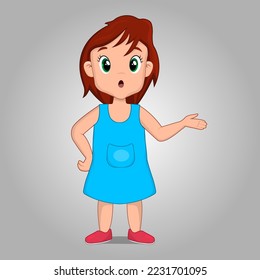 Cute Little girl thinking pose, 2d cartoon character vector