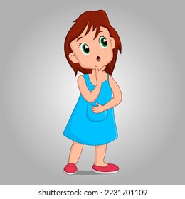 Cute Little girl thinking pose, 2d cartoon character vector