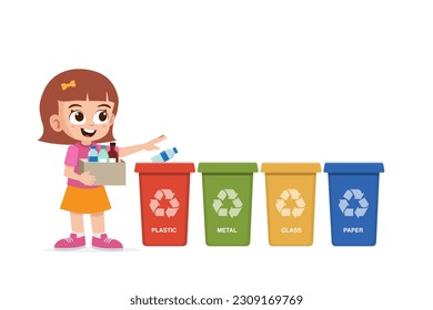 Cute little girl throw plastic waste to recycle bin vector illustration