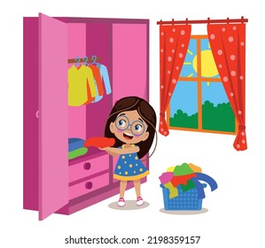 cute little girl tidying her room straightening her clothes