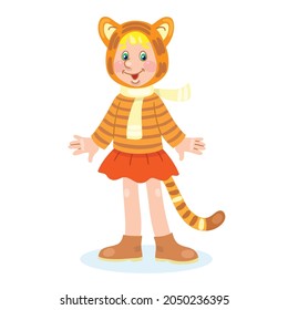 Cute little girl in a tiger costume. In cartoon style. Isolated on  white background. Vector flat illustration.