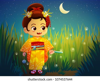 Cute little girl in traditional japanese yellow kimono with fireflies at night. Vector illustration. 