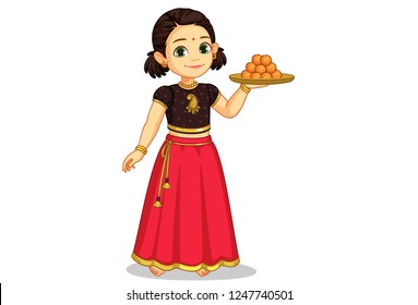 Cute little girl in traditional wear holding a plate of sweets vector illustration