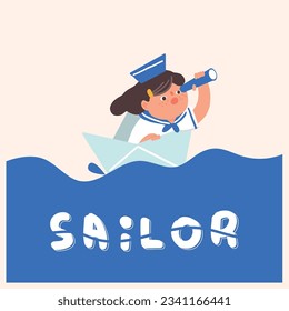 Cute little girl traveling by boat. Sailor Captain Explorer With Spyglass Child Character On Sea Journey, Adventure Fairy Tale Sailor On Sailing Childish Color Flat Vector Illustration