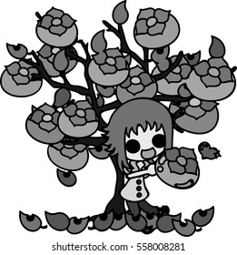 A cute little girl and a tree of delicious persimmon