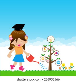 Cute little girl with tree education concept on nature background with green grass flowers and blue sky vector illustration