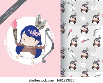 Cute little girl tribal with seamless pattern