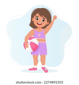 Cute Little girl in a t-shirt and shorts with the ball. Vector illustration in cartoon flat style