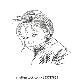 Cute little girl turned back to look, Vector sketch isolated on white, Hand drawn hatching illustration