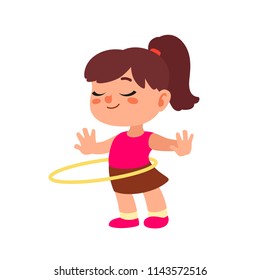 Cute Little Girl Turns Hula Hoop. Happy Childhood Isolated on White Background. Cartoon Style Vector Illustration