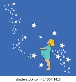 Cute little girl in turquoise dress pick  stars of a blue sky. Vector illustration in blue colour for girlish designs like textile apparel print, wall art, poster.