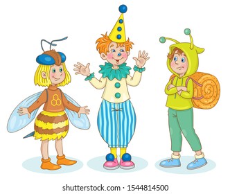 Cute little girl and  two funny boys in carnival costumes. Honey bee, clown and snail.  For a school party. In cartoon style. Isolated on white background. Vector illustration.