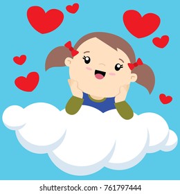 Cute Little Girl with Two Ponytails on a Cloud Contemplating in Love Valentines Day Card