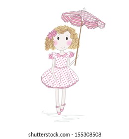 Cute little girl with umbrella isolated on white. Hand-drowing vector illustration.