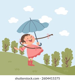 Cute little girl with umbrella in nature. Children's illustration