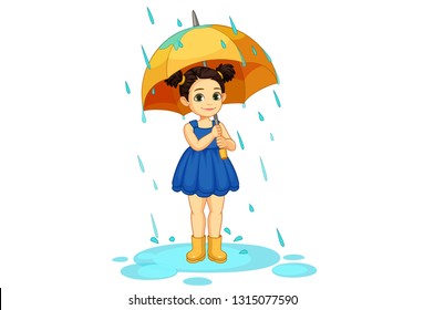 Cute little girl with umbrella in the rain