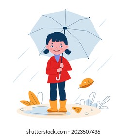 Cute little girl with an umbrella in rubber boots in the rain. Vector illustration in cartoon style.