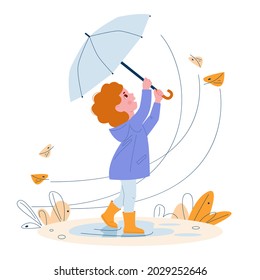 Cute little girl with umbrella in rubber boots. Windy weather autumn leaves. Vector illustration in cartoon style.