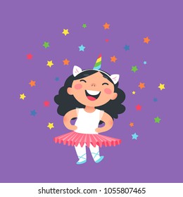 Cute little girl in a unicorn band and ballet clothes. Vector children illustration.