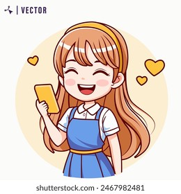 Cute little girl uses a smartphone. Kawaai girl is holding a gadget. Pastime in social networks. Internet addiction. Vector illustration in flat style