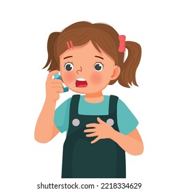 Cute little girl using asthma inhaler nasal spray bottle to treat allergy asthma attack and breathing treatment