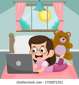 Cute little girl using laptop for Online education at bedroom in morning time. kid happy smile using internet technology for e-learning. child stay at home. distance study concept. Vector illustration