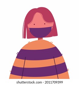 a cute little girl using mask flat design illustration