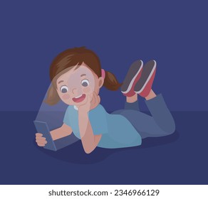 Cute little girl using smartphone lying on the floor in the darkroom