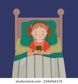 Cute little girl using smartphone lying on the bed at night