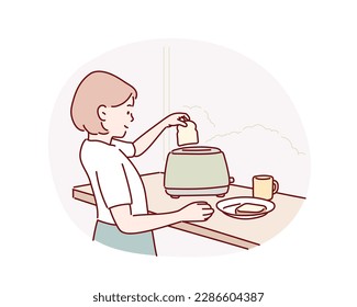 Cute little girl using toaster at table in kitchen. Hand drawn style vector design illustrations.