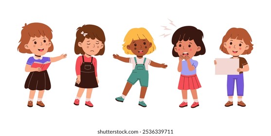 Lindas actividades de Vector para niñas. Niño pequeño de pie y leer un libro, asustado, tristeza, niño sosteniendo papel en blanco. Ilustración vectorial plana de moda