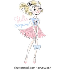 Cute little girl. Vector illustration. T-Shirt Print.