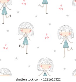 cute little girl vector seamless pattern illustration