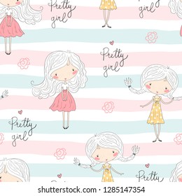 cute little girl vector seamless pattern illustration