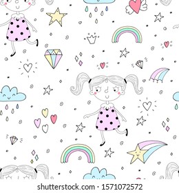 cute little girl vector seamless pattern illustration