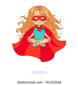 Cute little girl with very long developing hair meditates in flight, sitting with her legs crossed. Vector child disguised as a super hero with a red cloak and a mask on his face.