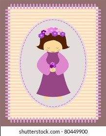  cute little girl in violet dress and with violet flowers