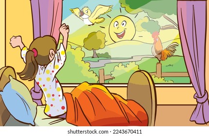 cute little girl wakes up at sunrise in the morning cartoon vector