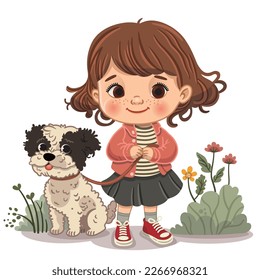 Cute little girl walking the dog in the park. Vector illustration.