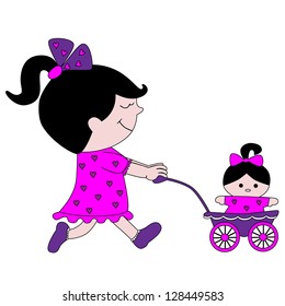 cute little girl walking with her favorite doll in a stroller