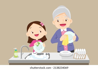 cute little girl washing dish with grandmother