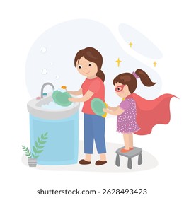 Cute little girl washing dish with mother. Happy kid helping family washing dishes at home. parent and child do household chores together. Child plays superhero. Kid standing in hero costume. vector