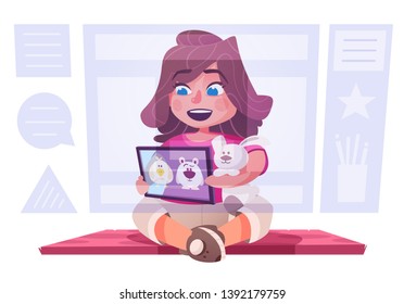 Cute little girl watch cartoons on a tablet. Child character design. Cartoon vector illustration. Online service concept