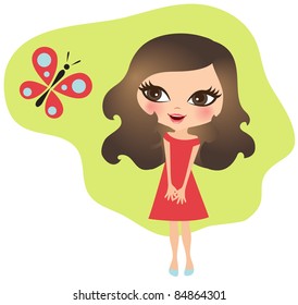 Cute little girl watching flying red butterfly