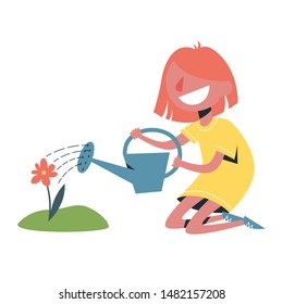 Cute little girl water a flower using watering can. Idea of gardening. Summer activity. Isolated vector illustration in cartoon style